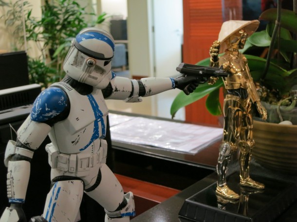 Starwars figurines don the reception area at Lucasfilm Singapore