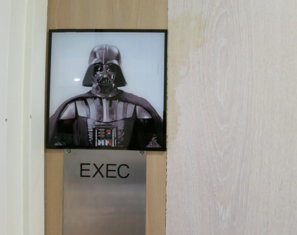 Darth Vader guards the doors to the executive toilets in Lucasfilm Singapore