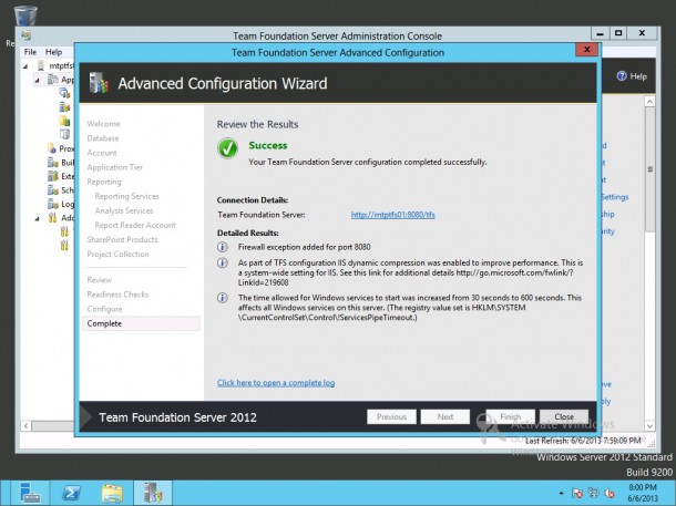 Team Foundation Server Configuration Wizard Successful