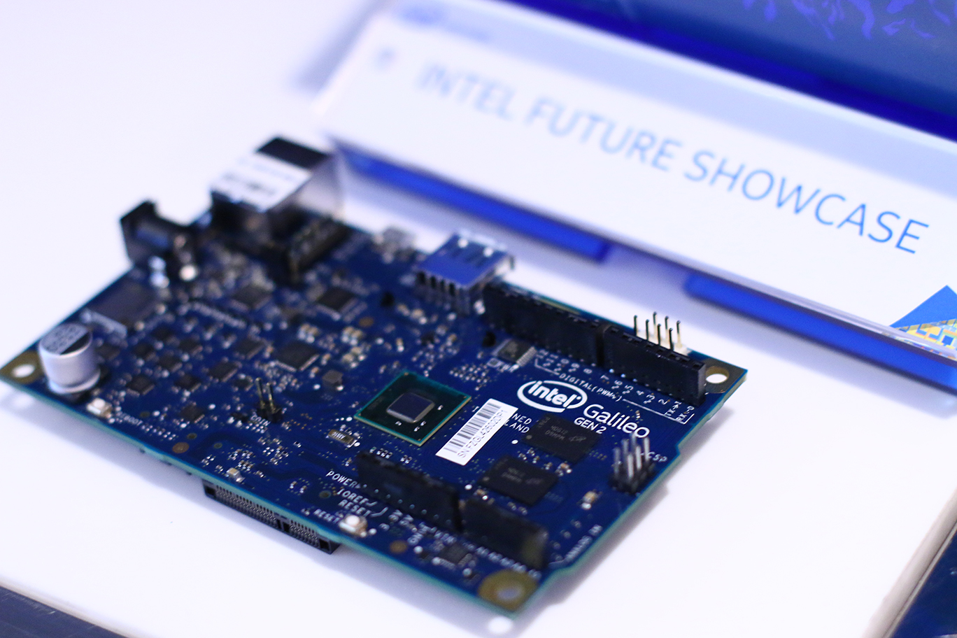 A picture of an Intel Galileo Board on display, at the Intel Future Showcase.