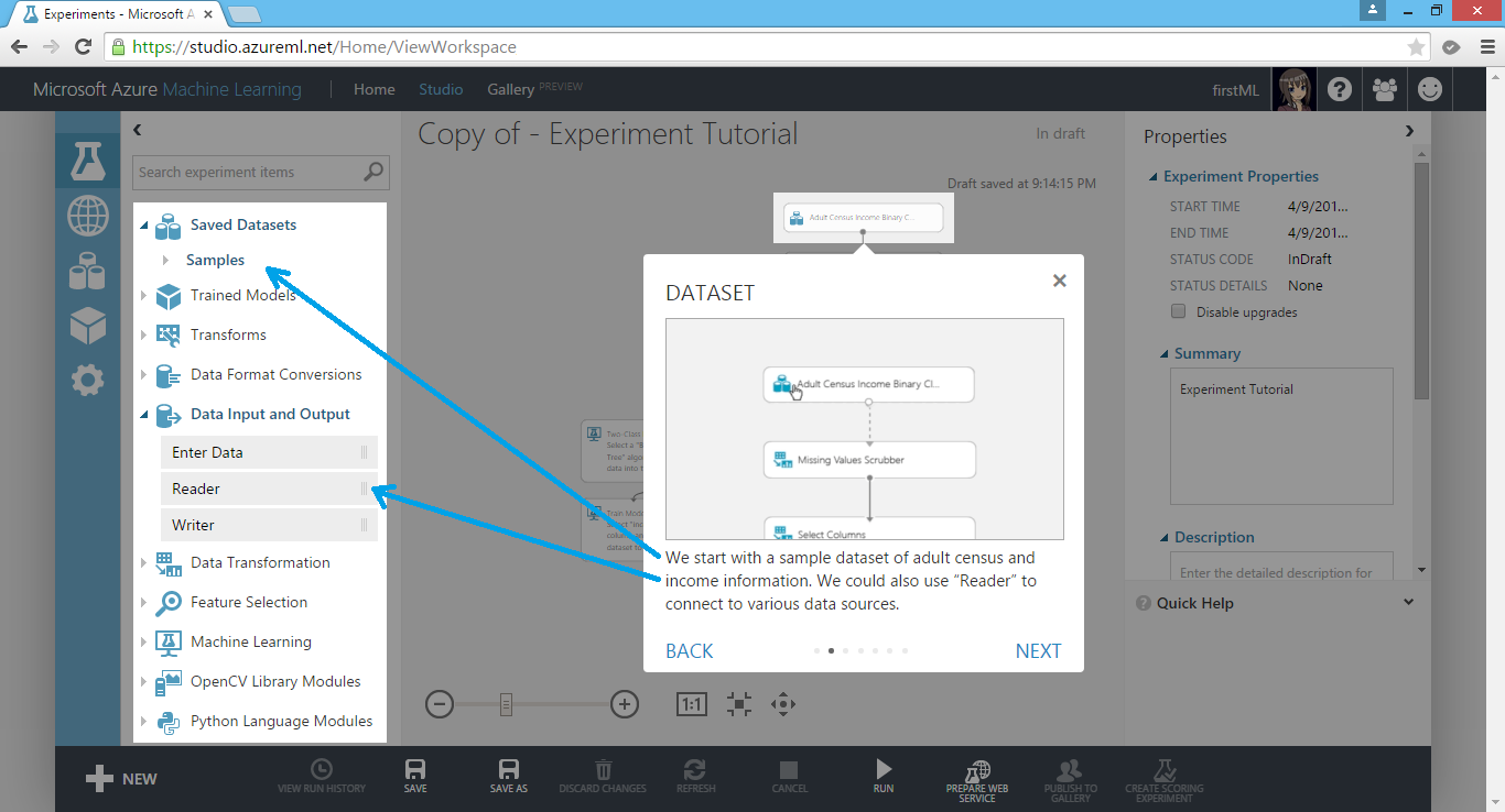 Get data either from sample dataset or from reader (database, Azure Blob Storage, data feed reader, etc.).