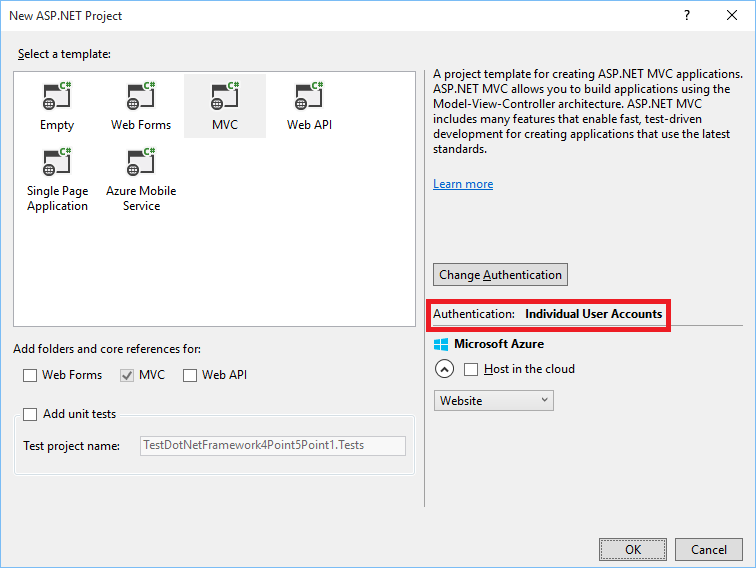 Individual User Account option in Visual Studio 2013
