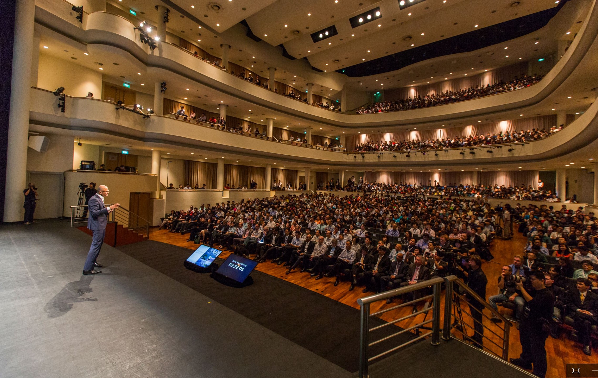 Microsoft CEO Satya Nadella delivering his keynote address at Microsoft Developer Day 2016 in Singapore.